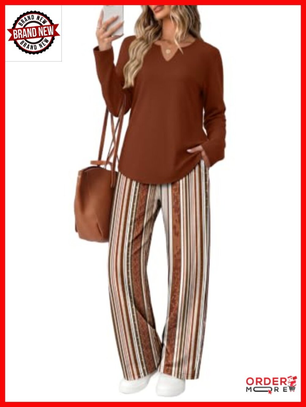 WIHOLL 2 Piece Lounge Set Long Sleeve V-Neck Top Wide Leg Pants